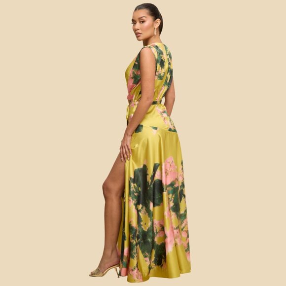 Lime Green Floral Satin Maxi Dress High Slit Wedding Guest (Medium) - Picture 2 of 7